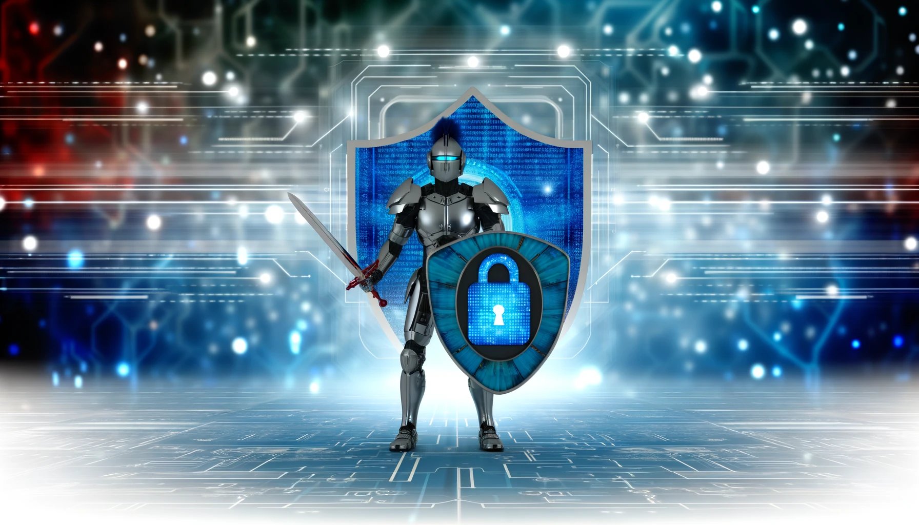 DALL·E 2024-03-31 12.07.27 - A digital warrior in futuristic armor, standing confidently with a shield and sword, represents the concept of combating smishing (SMS phishing). The 